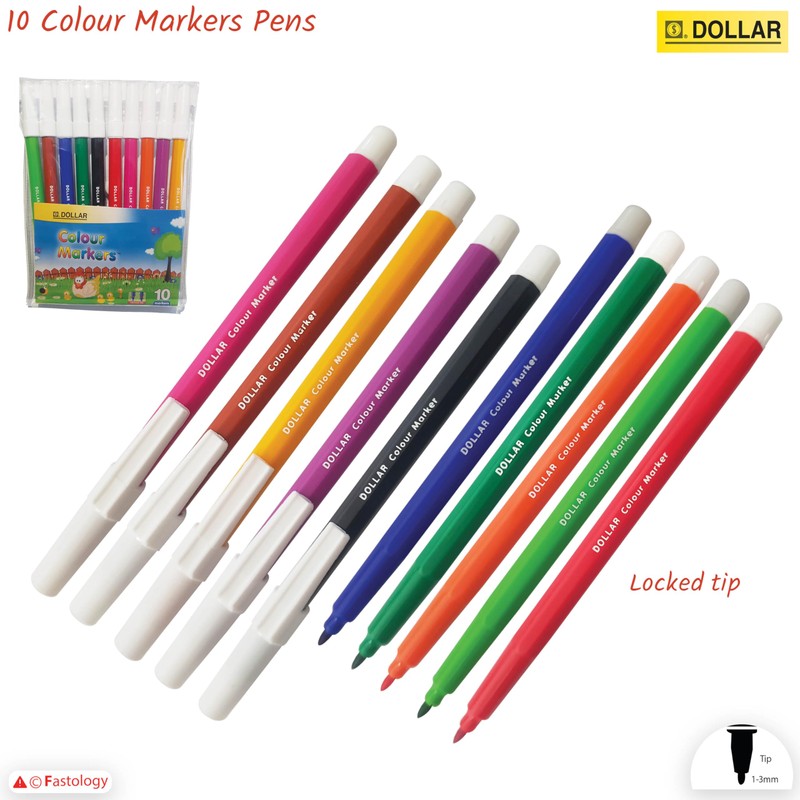 Felt Tip Pens, MULTICOLOUR, Fibre Fine Point, Pack of 10,