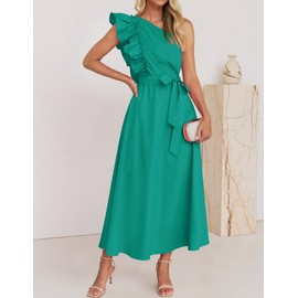 ZESICA Women's 2025 Summer One Shoulder Ruffle Dress Sleeveless Empire Waist Boho Flowy Maxi Dresses,Green,Large