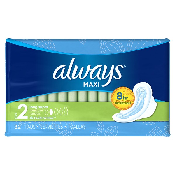 Always Maxi, Size 2, Super Pads with Wings, Unscented 32 Count