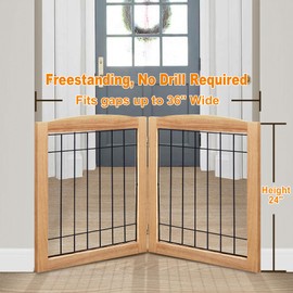 LZRS 2-Panel Freestanding Foldable Wood Dog Gate – Solid Wood & Steel Wire, Chew-Resistant Pet Barrier for Indoor Use, Ideal for Small to Medium Dogs, Natural