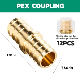 OURU PEX Fittings 1/2 Inch, 12PCS Coupling Lead-Free Brass Connectors for PEX B Pipe, NSF UPC Certified, ASTM F1807, Compatible with Crimp/Clamp Rings (Hot/Cold Water, Hydronic Heating)