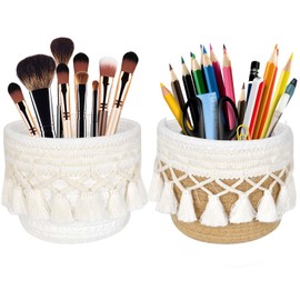 Pack of 2 Brush Holders, Storage Basket Braided Small, Boho Cosmetic Brush Holder, Boho Makeup Brush Container, Braided Dressing Table Organiser for Makeup Brushes, Pencil Box, Eyeliner