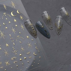 Moon Star Nail Art Stickers 3D Gold Nail Stickers Gold Moon Nail Decals Luxury Stickers for Nails Designs Self-Adhesive Nail Art Supplies for Women Girls DIY Manicure 1 Sheets