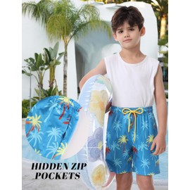 ANTLOOWW Boys' Swimming Trunks, Quick-Drying Board Shorts with Hidden Zip Pocket, Water Sports Boys Swimming Shorts with Mesh Lining, Yellow+Blue