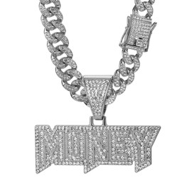 Hip hop necklace alloy full diamond MONEY letter pendant Cuban necklace Hip hop men's and women's necklace, Stainless Steel, rhinestone rhinestone