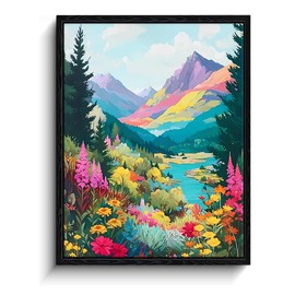 Framed Canvas Wall Art for Living room Bedroom - Colorful Landscape Wall Decor with Wildflowers and Lake Mountain View - 12x16 Inch Modern Nature Artwork Print
