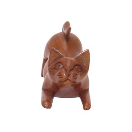 Brave Wings Hand Carved Wooden Cat ~ Stretching Cat 17cm Long ~ Ornament Sculpture Figurine Statue Unique Table Decoration Home Decor ~ 5422