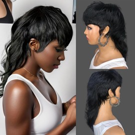 Wear And Go Mullet Wig Human Hair Straight Dovetail Wig 80s 90s Short Pixie Cut Wigs Glueless Brazilian Human Hair Wigs For Women Black Full Machine Made Wig With Bangs