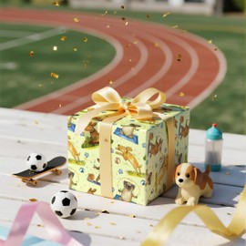 LeZakaa Birthday Puppy Wrapping Paper Roll, Watercolor Dogs Toys in Light Green Gift Wrap for Kids, Pet Owners, Animal Lovers, Birthday Baby Shower, Mini Roll 17 In x 16.4 Feet