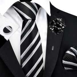 GUSLESON Black Grey Silver Tie for Wedding Mens Silk Striped Necktie Pocket Square Cufflinks and Lapel Pin Brooch Set (6108-49)
