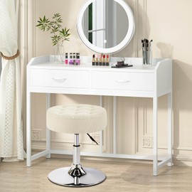 Furniliving Mid-Century Vanity Chair Tufted Adjustable Swivel Makeup Ottoman Stool Modern Big Size Round Vanity Stool Makeup Chair for Bedroom Living Room (IvoryWhite)