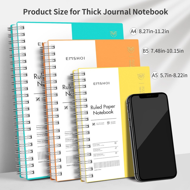 EMSHOI A5 Notebook Lined 300 Pages/150 Sheets, Wirebound Spiral Notepad,