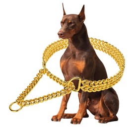 Gold Dog Collar Chain Stainless Steel 19K Gold Dog Collar Adjustable Walking, Metal Cuban Link Dog Collar Chew Proof Double Row Chain Dog Collar for Large Small Medium Dogs