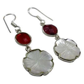 Abalone Shell & Ruby Gemstone 925 Sterling Silver Overlay Dangle Earrings for Women Handmade Way by Tibetan Silver