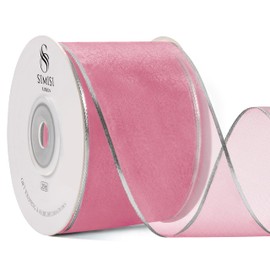 Pink Christmas Ribbon Wired Sheer Organza Ribbon with Gold Sliver Border for Christmas Tree, 2.5 Inch 25 Yards