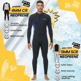 Lansru Men Wetsuit, 5/4mm Upgrade CR Neoprene Wetsuits for Men, Ideal Thermal Wet Suit in Cold Water, Front Zip for Surfing Snorkeling Diving Swimming