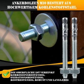 Set of 12 Bolt Anchors, Heavy Duty Dowels, M10 x 90 mm, Stainless Steel Heavy Duty Bolt Anchors, Wedge Anchors, Lightning Dowels, Anchor Screws Made of Galvanised Steel for Railings, Windows, Curtain