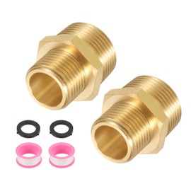 sourcing map 2Pcs Brass Pipe Fitting, 1/2" G Male × 3/4" NPT Male Brass Hex Nipple Pipe Fitting Connector, 1/2" to 3/4" Female Pipe Fitting Adapter with PTFE, Gold Tone