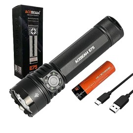 ACEBEAM E75 Quad-Core High-Performance Rechargeable Flashlight High CRI 5000K -3000 Lumens Black w/Battery and Eco Sensa Type C Charging Cable, E75-CRI-5000K-BLACK