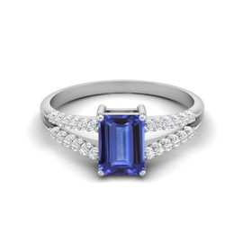 MOONEYE 925 Sterling Silver 7x5mm Emerald Cut Natural Tanzanite Gemstone Women's Solitaire Engagement Ring (Silver, 9)