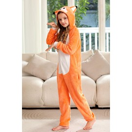 BesserBay Children's Fleece Onesie with Hood Warm Jumpsuit Boys Girls Unisex Animals Jumpsuit 1-12 Years, Fox