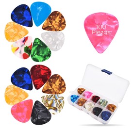 Kokila 100 Púas de Guitarra, Juego de Púas de Guitarra Fina, Medianas y Pesadas, Plumillas de Celuloide Incluye 0.46mm, 0.71mm, 0.96mm, Accesorios para Guitarra, Bajo, con Caja de Púas, Color al Azar