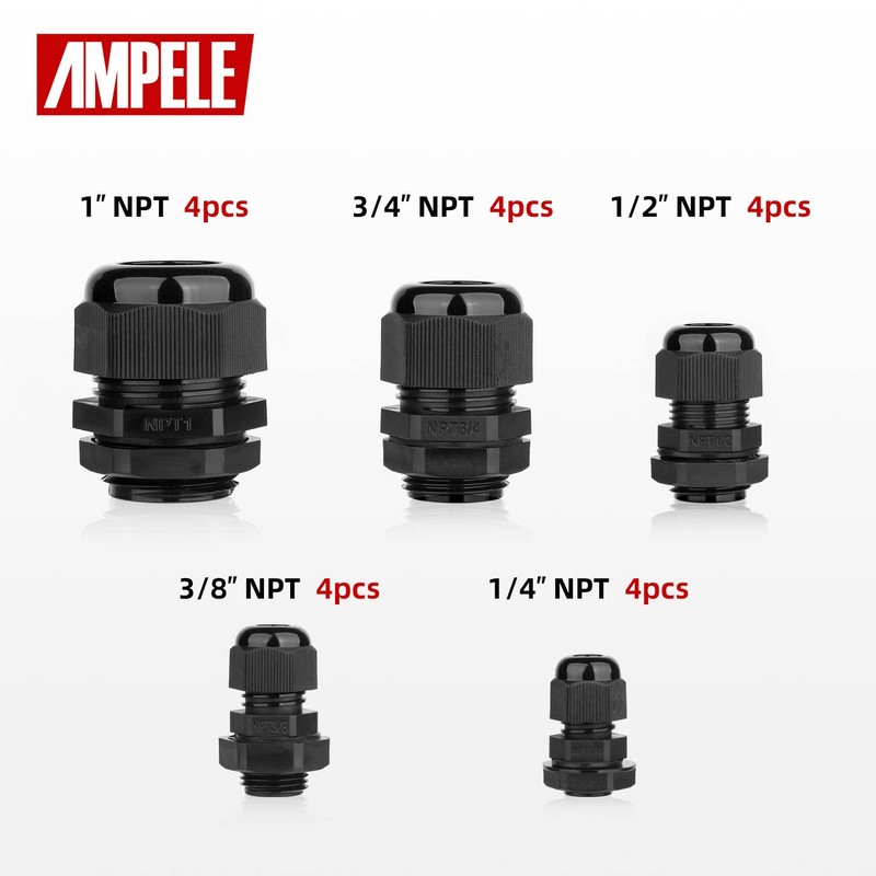 AMPELE Cable Gland 20 Pack 3-25mm Waterproof Adjustable 1/4'', 3/8'',