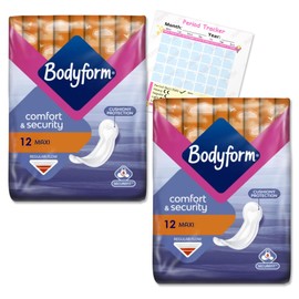 Bodyform Maxi 24 Sanitary Towels Bundle (2X 12) - Non-Wing, for Regular Flow, Triple Protection for Comfort and Absorbency, Including Jaspem Period Tracker