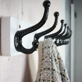 WEBI Rustic Coat Rack Wall Mount,5 Cast Iron Coat Hooks Wall Mounted,Heavy Duty Wall Coat Hanger Hooks for Hanging Coats,Clothes,Black on White,2 Packs