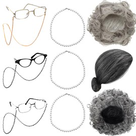 9 Pcs Old Lady Party Costume Set Grandma Granny Wig Cosplay Set Old Lady Cosplay Pearl Necklace Sets Grey Wigs for Women