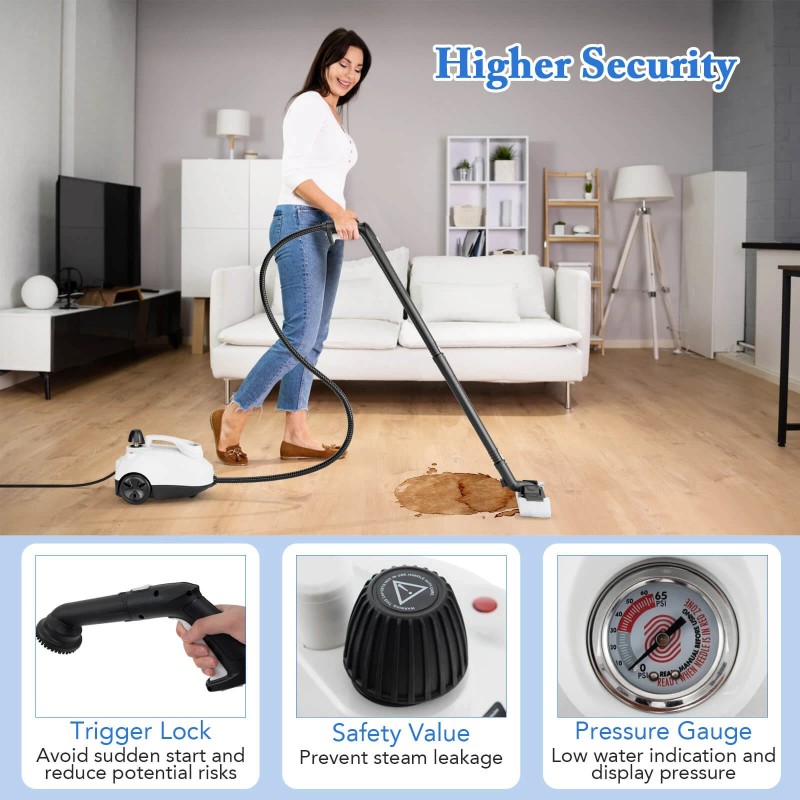 Costway 1800W Multi-Purpose Steam Cleaner with Trigger Lock Wheels &