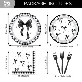 Black Bow Birthday Party Supplies Girl Coquette Birthday Paper Plates Napkins Dessert Tableware Set for Tying The Knot Bridal Shower Bachelorette Bow Party Serve 24 Guests