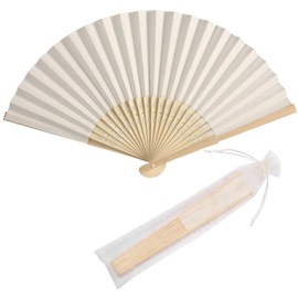 SL crafts 50pcs Paper Hand Fan with Organza Bags Bamboo Handheld Folding Fans DIY Decorative Wedding Party Favors (Cream)