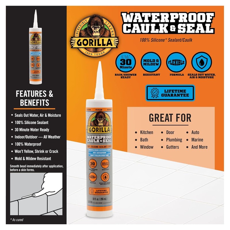 Gorilla Glue Clear Caulk 10Oz Sealant For Home Improvement Waterproof