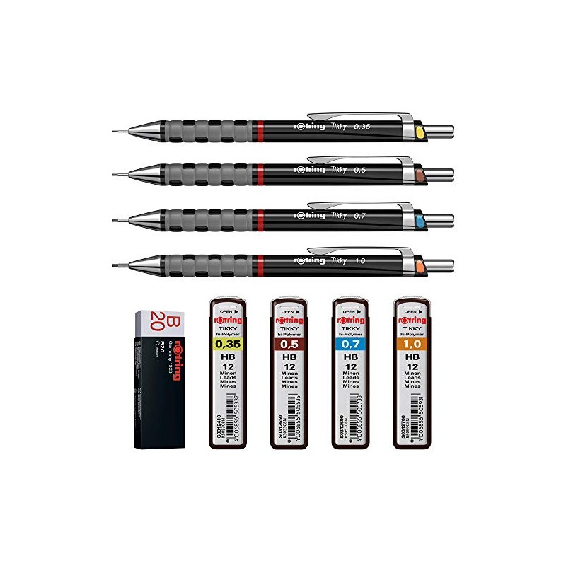 rOtring Tikky Retractable Pencil Set, 4-teiliges Set, Black, 1