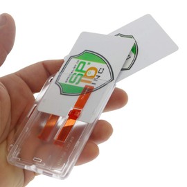 Rigid Horizontal Two Card ID Badge Holder with Double Red Extractor Slider - Clear Hard Plastic Double Sided 2 Card Protector with Easy to Slide Dispenser for Office Key Cards by Specialist ID