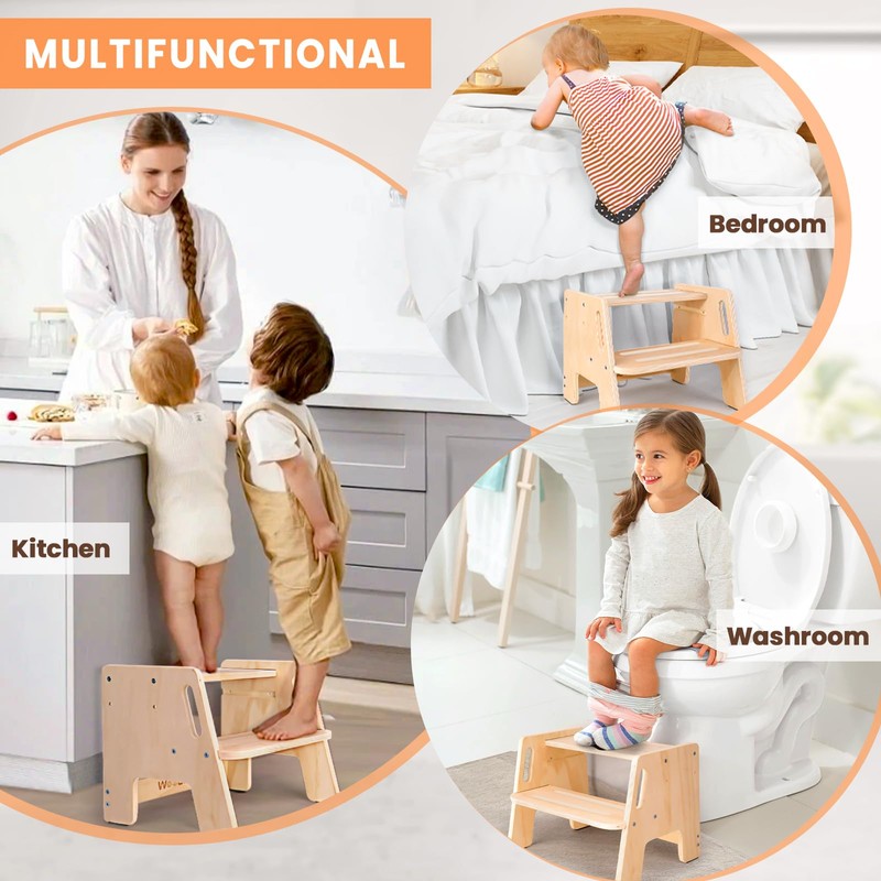 2 Pack Toddler Step Stool, Wooden Height-Adjustable 2-Step Stool for