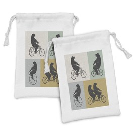 Lunarable Vintage Fabric Pouch Set of 2, Big Bear on a Bike Bicycle Cycling Hipster Circus Life Outdoor Animal Enjoy, Small Drawstring Bag for Toiletries Masks and Favors, 9" x 6", Multicolor