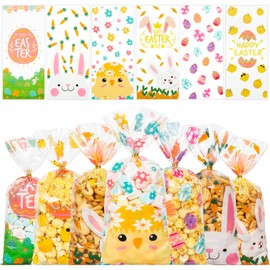 GOMANCHE 120 Pieces Cellophane Treat Bags, 6 Styles Easter Clear Cello Candy Goodies Bags with Twist Ties for Easter Spring Holiday Party Favors Supplies