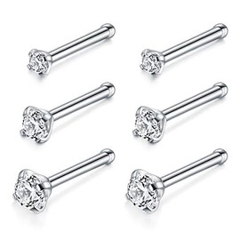 D.Bella 20G Stainless Steel Nose Rings Studs Straight Bone Piercing Clear Diamond CZ 1.5mm 2mm 2.5mm 3mm - Silver
