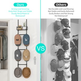 HapiRm Over Door Hat Rack - Wall Mounted Hat Organizer with 6 Hooks and Metal Basket Design, Baseball Cap Organizer Storage Holder Up to 32 Caps for Door, Bedroom, Closet (Black)