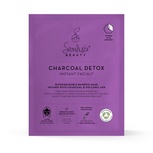 Seoulista Beauty® Charcoal Detox Instant Facial™ 25ml | Bamboo Face Sheet Mask For Congested Skin & Enlarged Pores | Dermatologist Created Korean Skin Care | Infused with Charcoal and Volcanic Ash