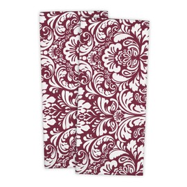 DII Toalla de cocina 100% algodón, lavable a máquina, grande, para uso diario, damasco estampado, 45.7 x 71 cm, juego de 2, color vino