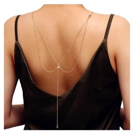 Inilbran Boho Layered Rhinestone Back Necklace Long Crystal Background Necklaces Gold Crystal Back Chain Necklace Vintage CZ Body Chain Necklace Summer Body Jewellery for Women