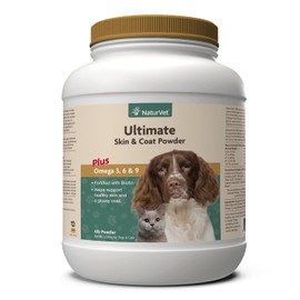 NaturVet Ultimate Skin & Coat Powder Pet Supplement for Dogs & Cats – Includes Omegas 3, 6, 9, Biotin, Vitamins – For Healthy Dog Coats, Cat Skin – Tasty Food Topper for Pets – 4 lbs.