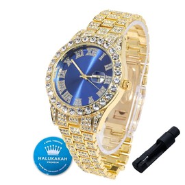 Halukakah Diamonds Gold Watch Iced Out for Boy Teens Kids - 18K Real Gold Plated,42mm Blue Dial,Japanese Quartz - 8" Length Adjustable Wristband,with Watch Adjuster Tool - for Birthday,Parties