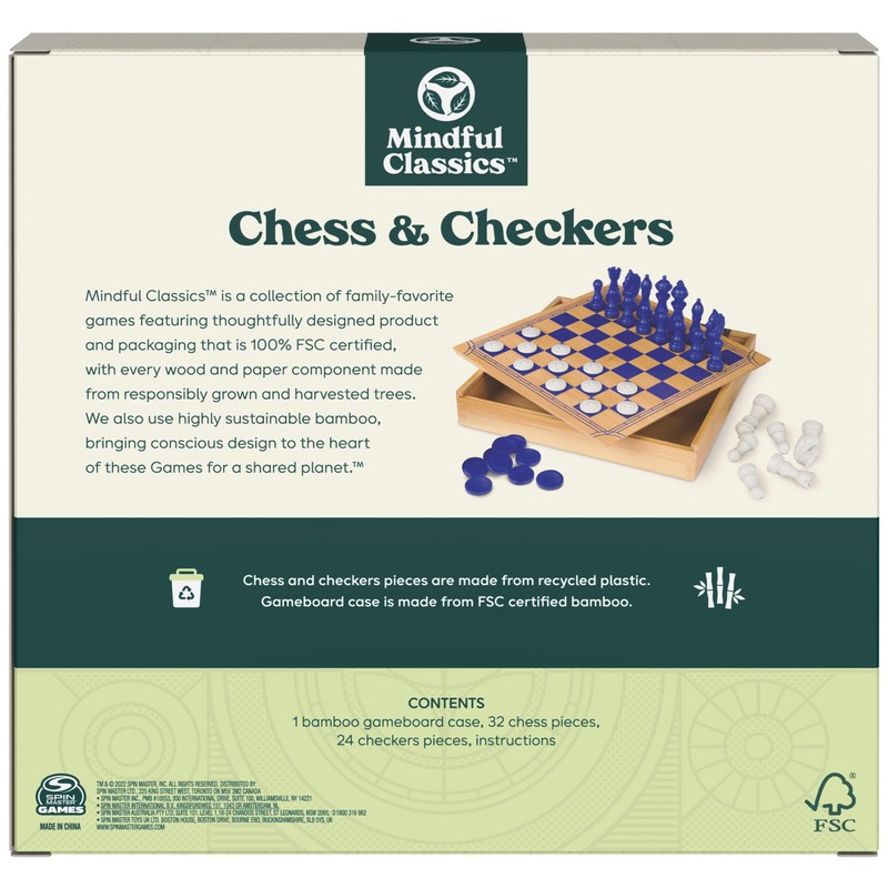 Mindful Classics, Chess Checkers Board Game Set with Bamboo Wooden