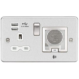 Flat Plate 13A Socket, USB Chargers (2.4A) and Bluetooth Speaker - Brushed Chrome with White Insert