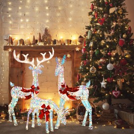 PullCrease 3-Piece Christmas Lighted Reindeer Family 3D Christmas Decorations Outdoor Yard Large Holiday Iridescent LED Light up Deer Set for Yard Lawn Indoor Outdoor Party Decor