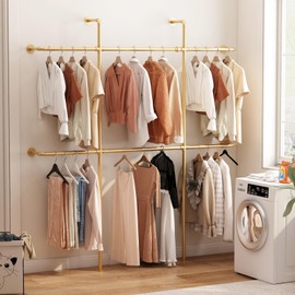 Smlttel Gold Pipe Clothing Rack Wall Mounted, Industrial Pipe Clothes Racks with 6 Hanging Rods, Heavy Duty Clothing Racks for Laundry Room, Closet Systems for Walk in Closets